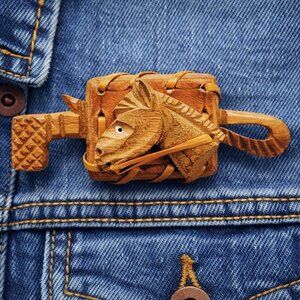 VTG Carved Wooden Horse Brooch Pin Leather Laced Folk Art Scandinavian Style 70s